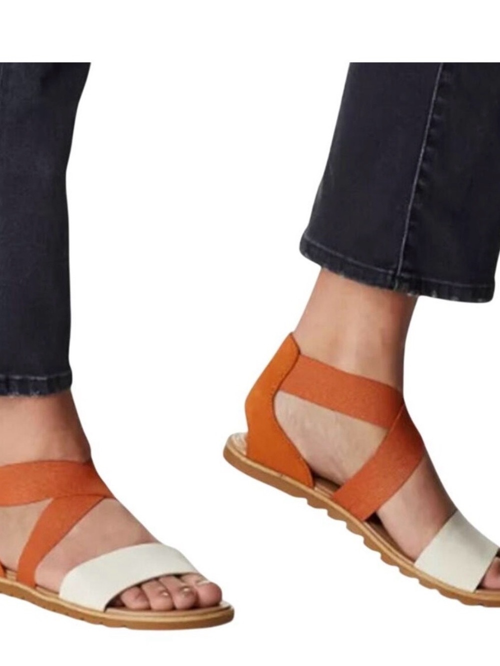 SOREL Ella Elastic Ankle Strap Flat Leather Sandals Rust Terracotta Cream